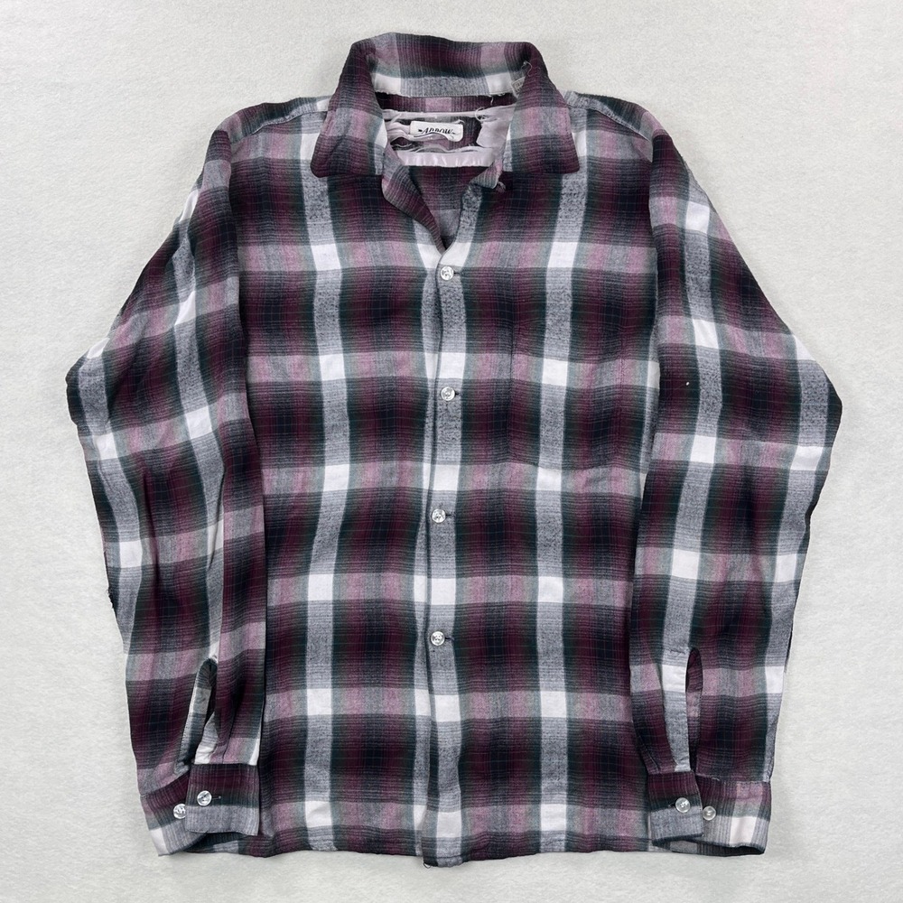 Vintage Arrow Chevella Shadow Plaid Rayon Shirt Mens Medium Burgundy Grey